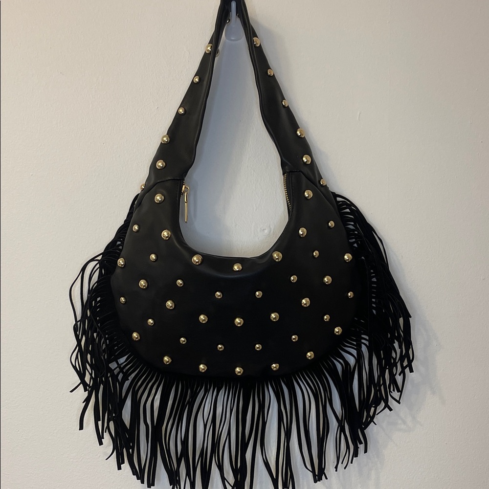 NWOT Black Gold Studded Fringe Shoulder Bag - Women's Fashion Tote